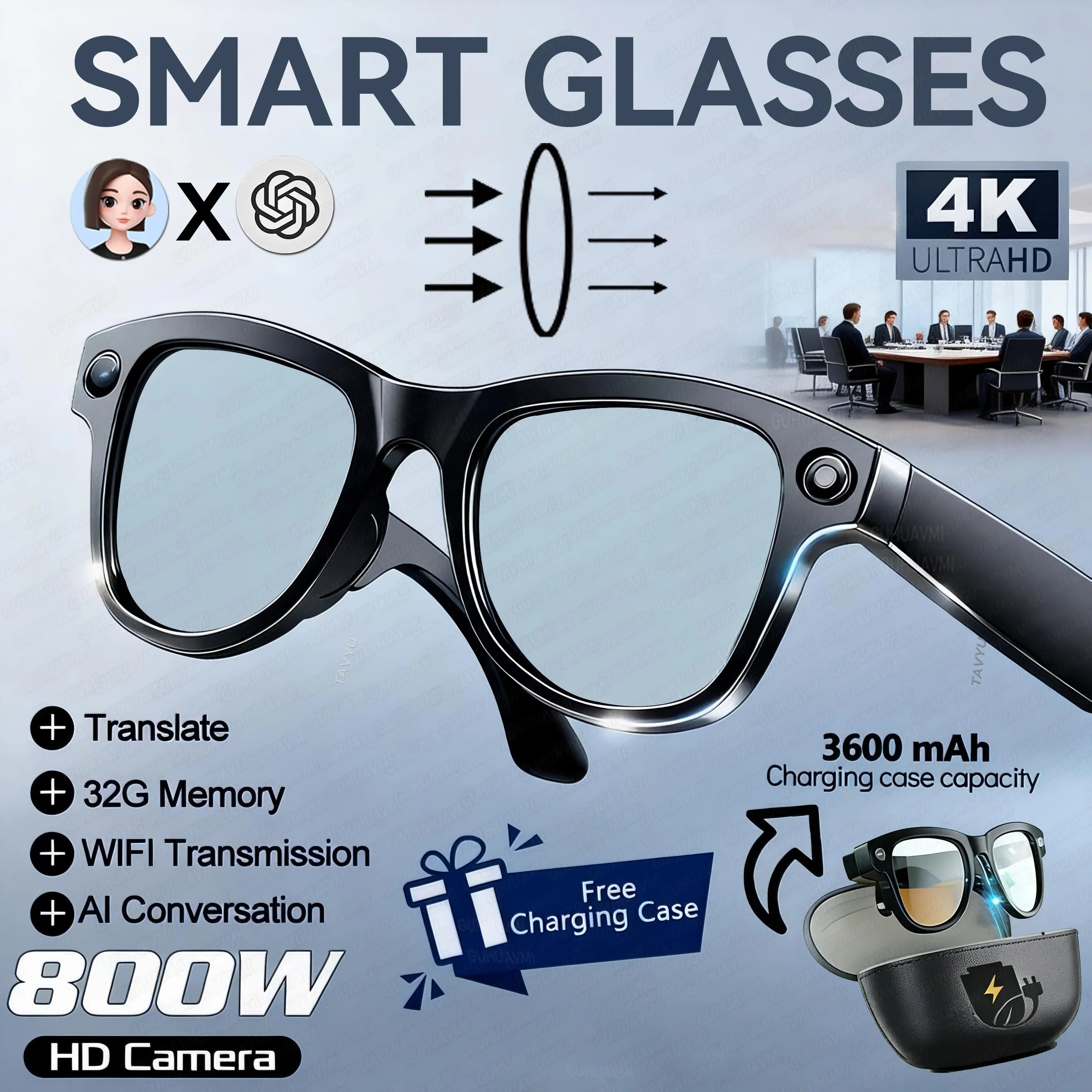VisionAI 4K Smart Glasses – 32GB, 800W Camera, AI Translation & Power Bank
