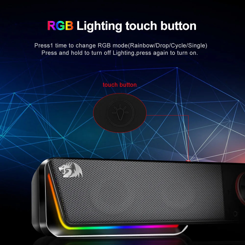 Redragon GS570 Darknets RGB Bluetooth Sound Bar – 2.0 Stereo PC Speakers with 3.5mm AUX, USB Powered, Dynamic RGB Lighting, Compact Desktop Soundbar for Gaming, Movies & Music