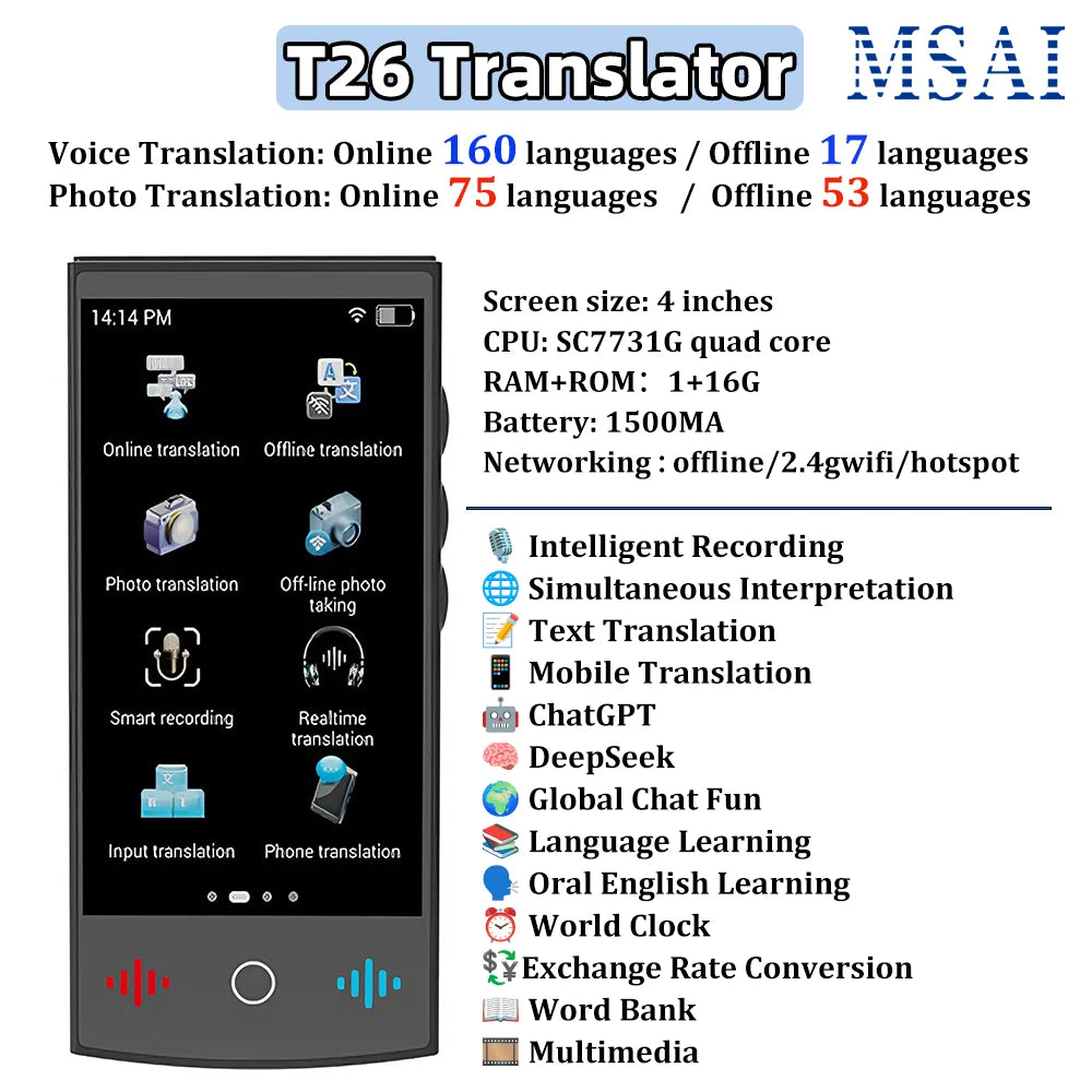 TravelTalk T26 AI Translator – 160 Languages, ChatGPT, Real-Time Business Translation