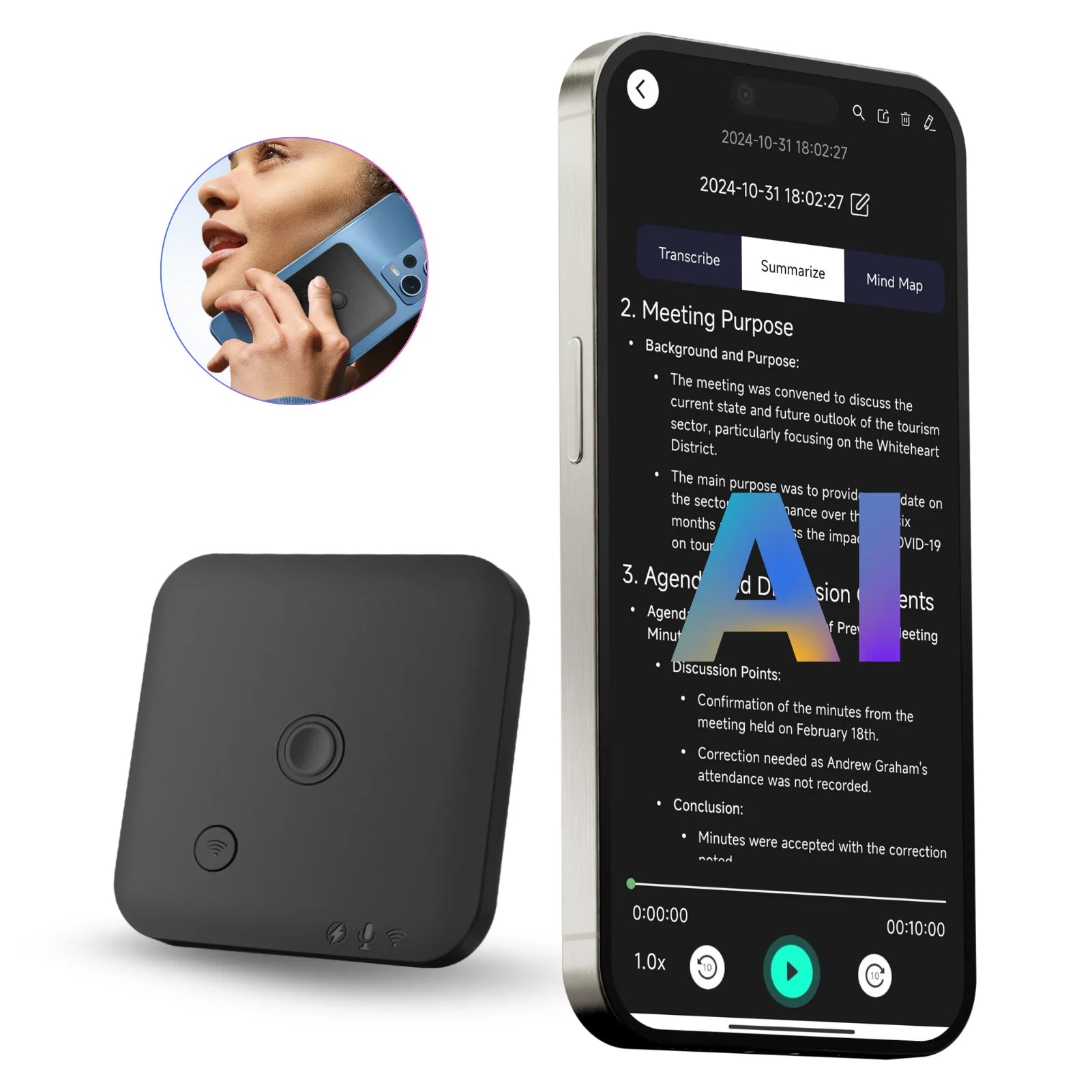 VoiceAI Pro 64GB – Smart Recorder with Live Transcribe, Summarize & Translate (100 Languages)