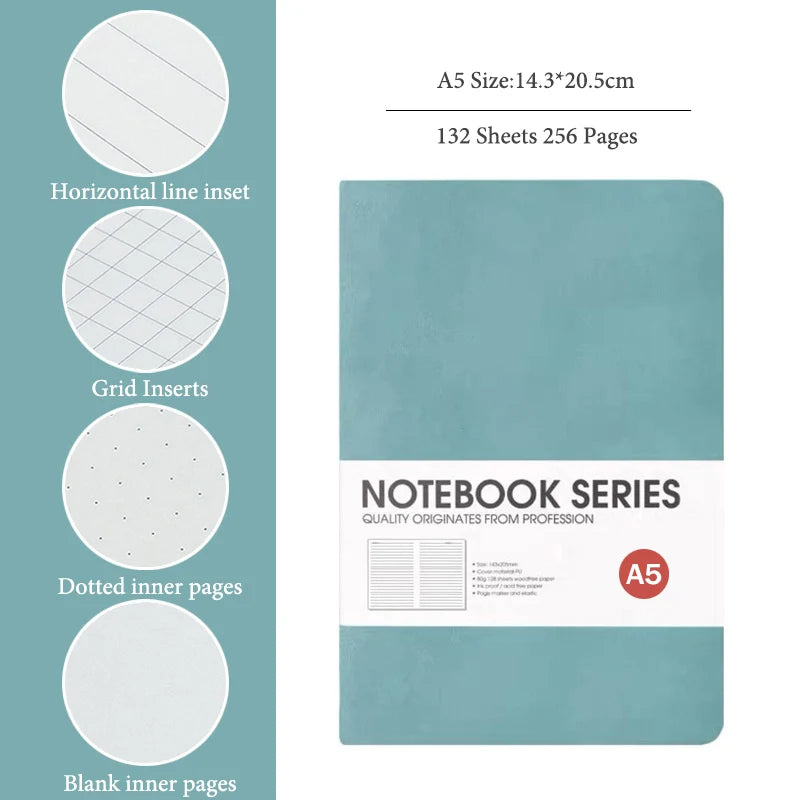 A5/B5 Thickened Notebook,4 Types Inner Pages,132 Sheets/Book,PU Waterproof Cover Diary Agenda Office Student Diary