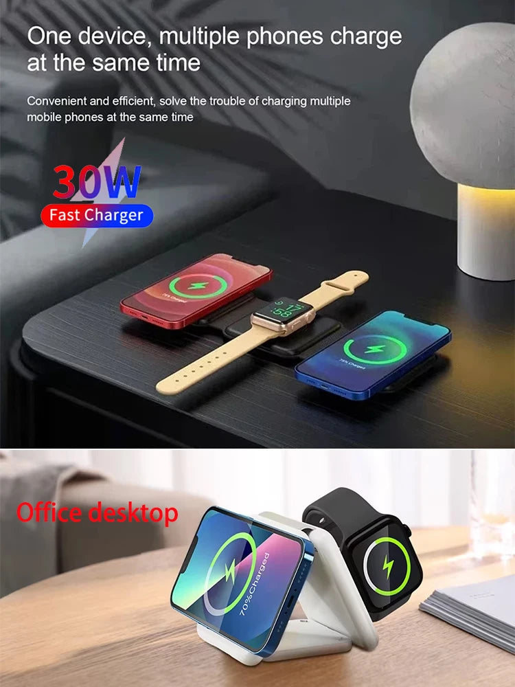 MagFold 3-in-1 Magnetic Wireless Charger – Qi2 30W Foldable Dock for iPhone, Watch & AirPods