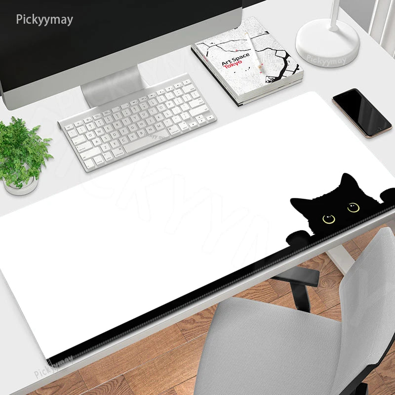 Midnight Cat XXL Gaming Desk Mat – Cute Black Cat Grey Mouse Pad for Office & Setup