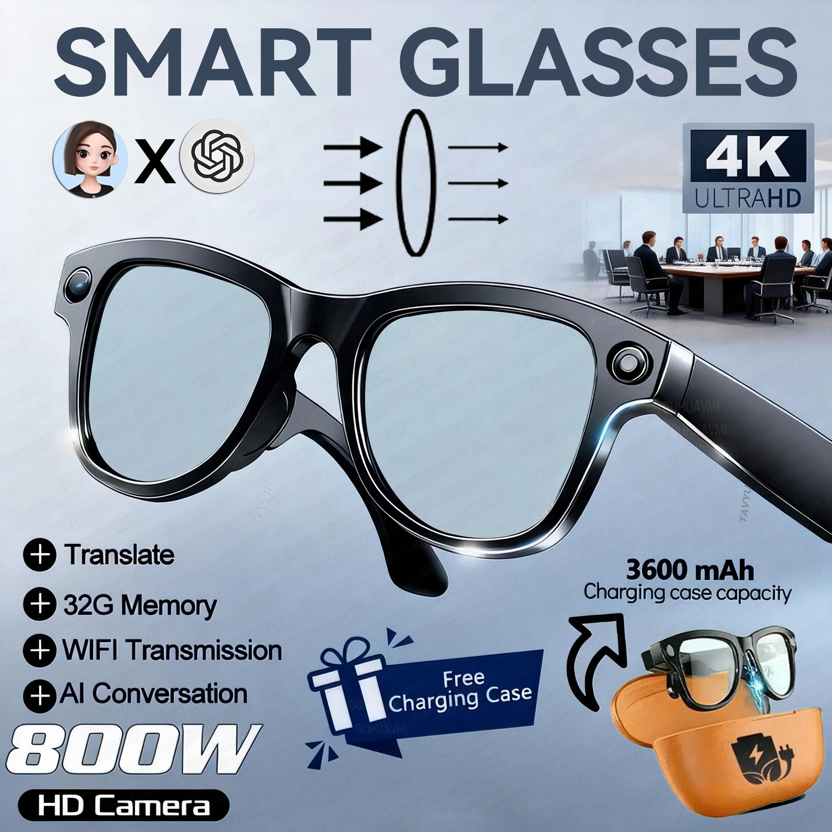 AI Vision Pro Smart Glasses 4K | Translator, Camera & Power Bank
