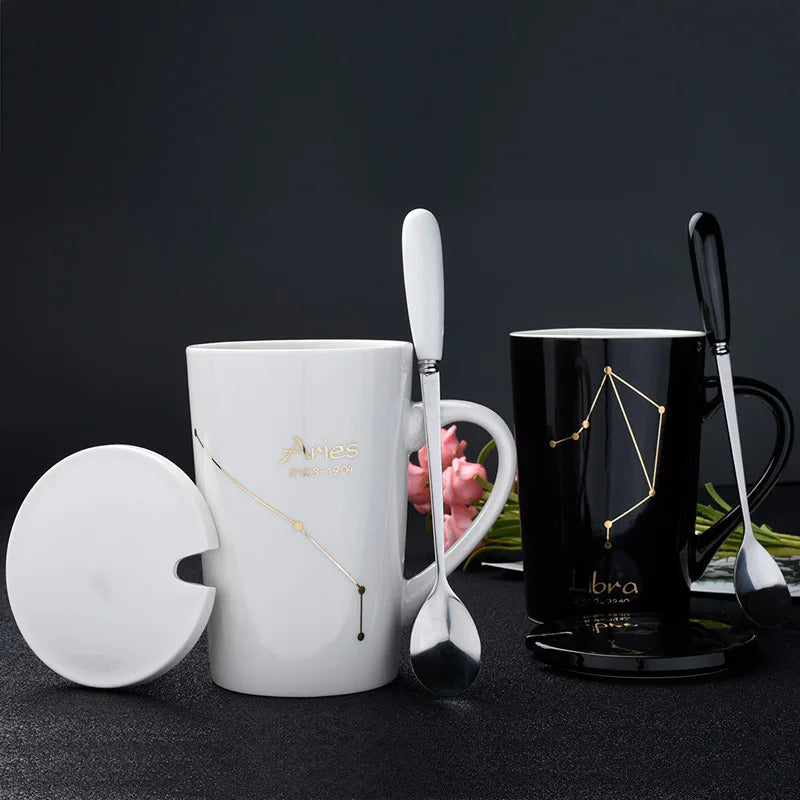 Black & Gold Zodiac Mug Set with Lid & Spoon – 12 Astrology Signs Luxury Coffee Cup Gift