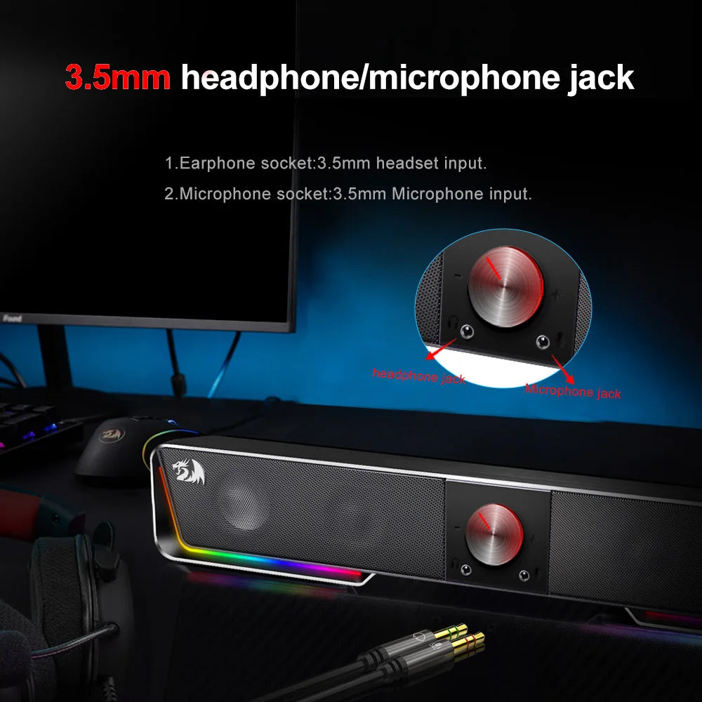 Redragon GS570 Darknets RGB Bluetooth Sound Bar – 2.0 Stereo PC Speakers with 3.5mm AUX, USB Powered, Dynamic RGB Lighting, Compact Desktop Soundbar for Gaming, Movies & Music