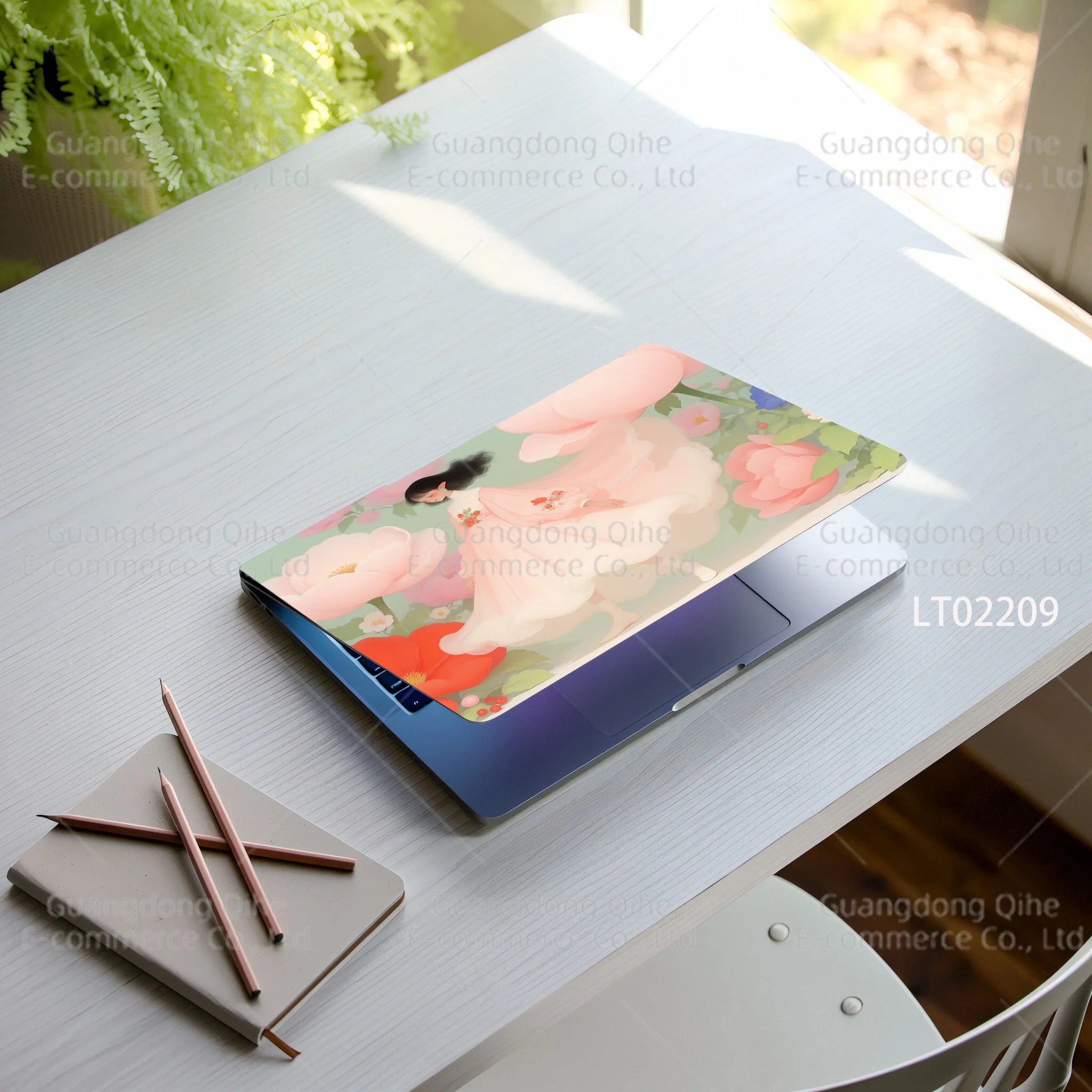 2pcs Creative Botanical Laptop Stickers Hand-Drawn Floral Line Art in Bright Colors, Waterproof Vinyl Decal for Notebook Covers