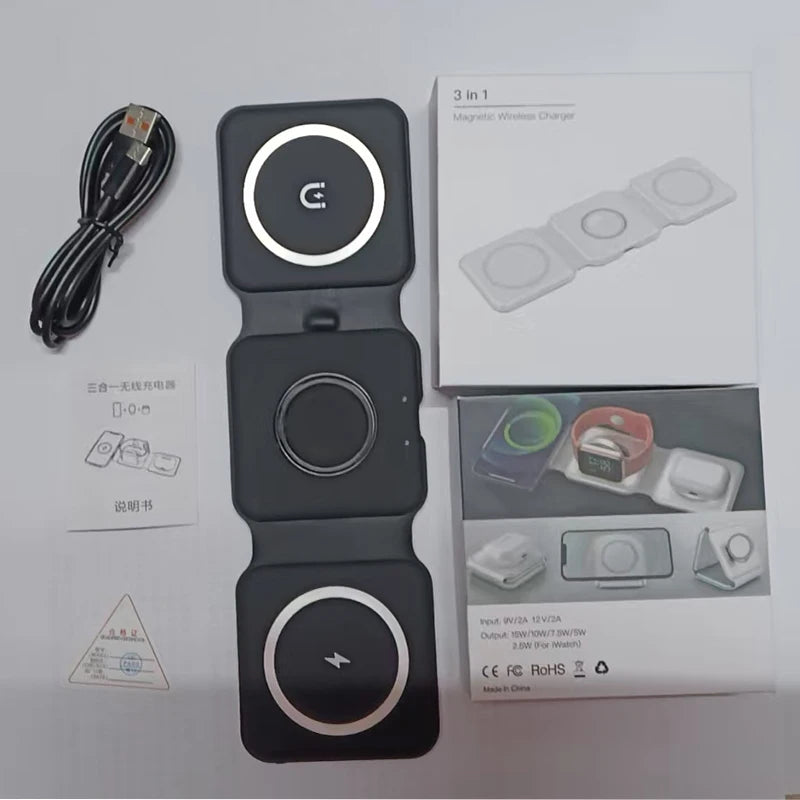 MagFold 3-in-1 Magnetic Wireless Charger – Qi2 30W Foldable Dock for iPhone, Watch & AirPods