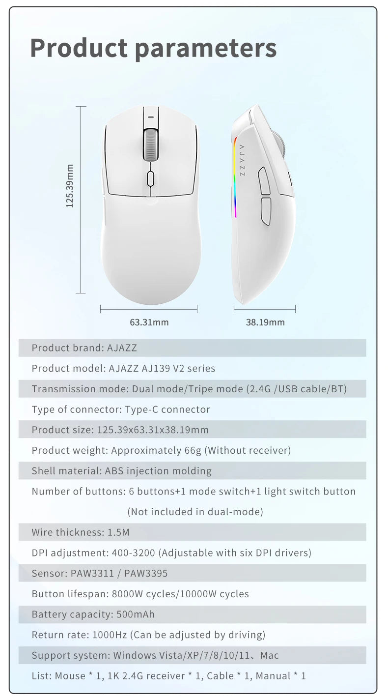AJAZZ AJ139 V2 Tri-Mode Gaming Mouse – PAW3311, 12000 DPI & Magnetic Charging Base
