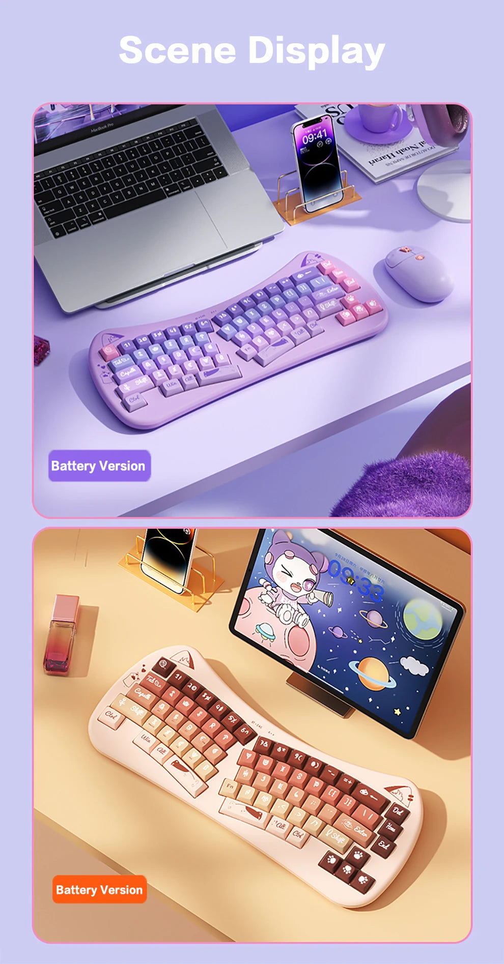 PurrBoard 68 – Ergonomic Split Wireless Keyboard | Bluetooth + 2.4G + Cat Keycaps