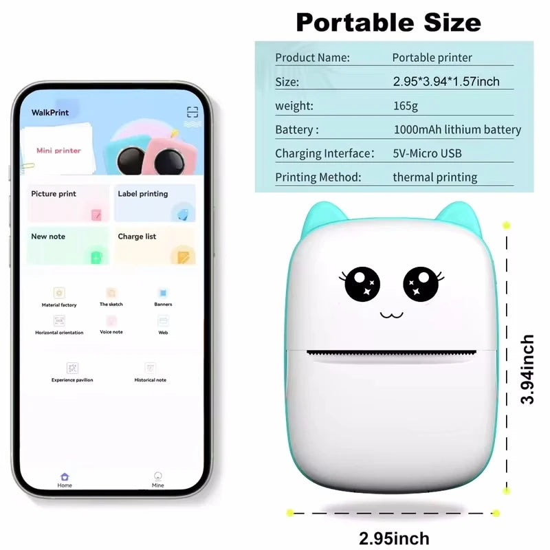CatPrint Mini Thermal Pocket Printer – 58mm Wireless Bluetooth Photo & Label Printer for Android & iOS