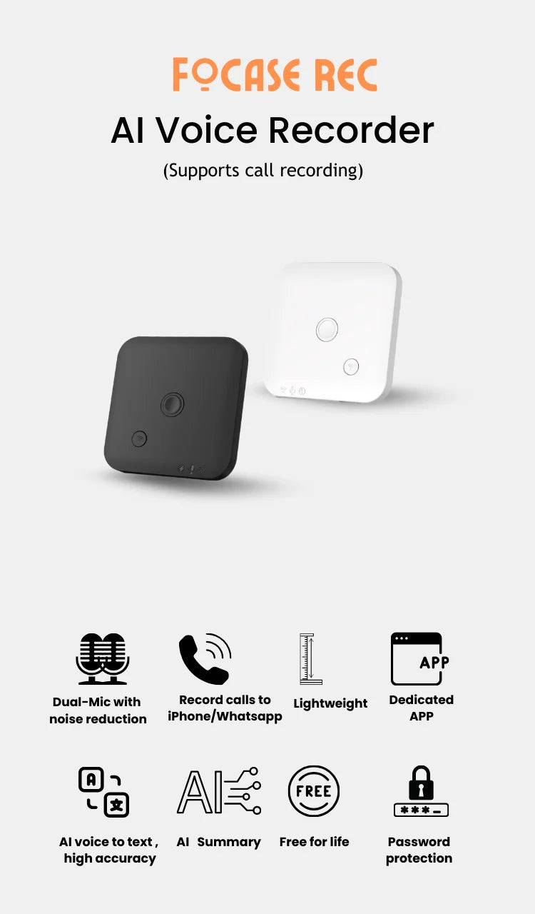 VoiceAI Pro 64GB – Smart Recorder with Live Transcribe, Summarize & Translate (100 Languages)