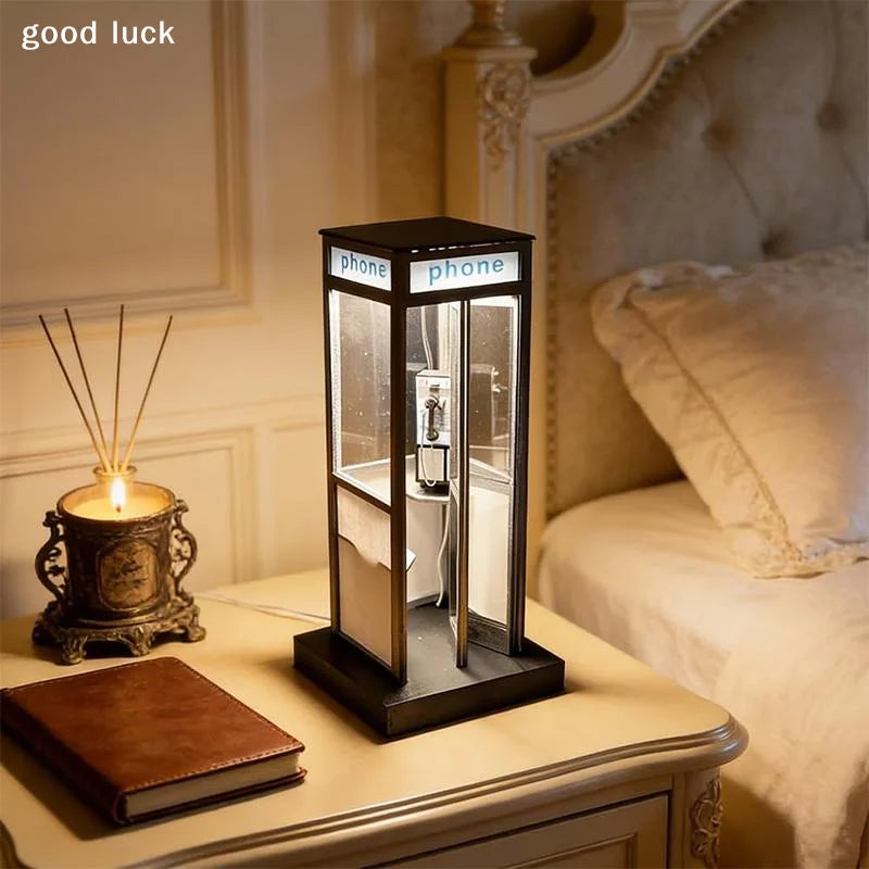 Retro Vintage Tall Phonebooth Lamp, Classic Telephone Booth Table Lamp With Warm LED Light, Phone Box Decorative Night Light