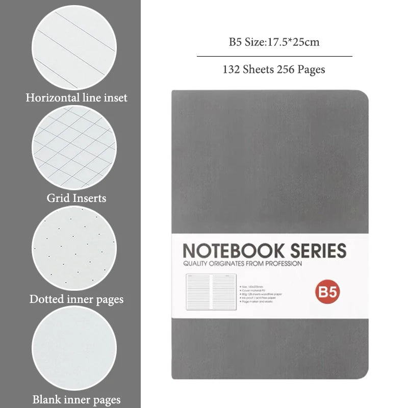 A5/B5 Thickened Notebook,4 Types Inner Pages,132 Sheets/Book,PU Waterproof Cover Diary Agenda Office Student Diary