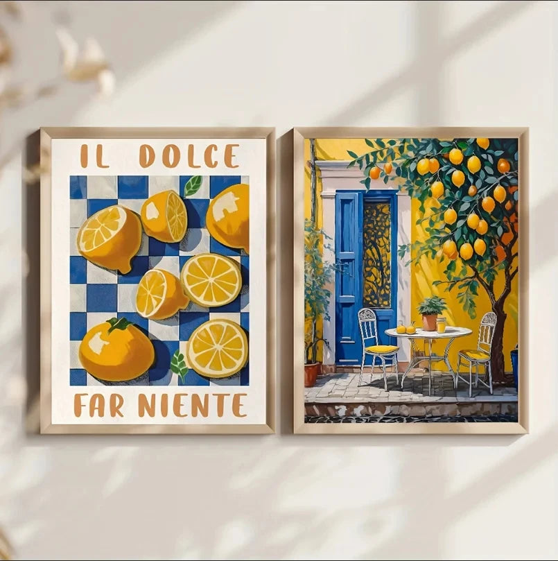 Retro Lemon Garden Canvas Art Poster-Fresh Lemon and Olive Tree Wall Prints for Modern Living Room,Office,and Home Decor Gifts