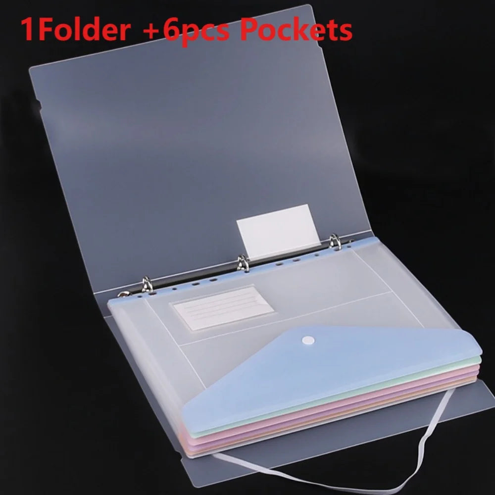 Plastic 11-hole Loose-leaf File Bag Transparent 3-hole Folder+6pcs Binder Pockets Document Pouch for Office and School Supply