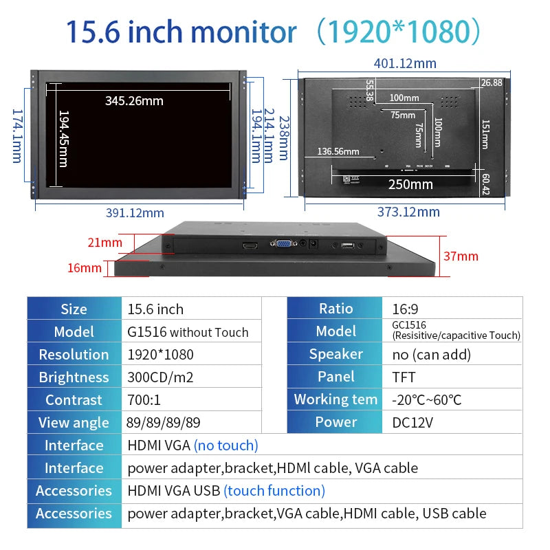 15.6" Industrial Open Frame Touchscreen Monitor – 1080P Capacitive 10-Point Touch, VESA Wall Mount, HDMI & VGA