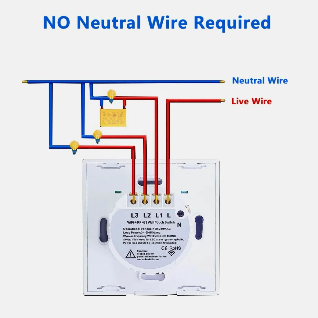 BONDA Smart Switch Alexa RF433 No Neutral Tuya Control Works With Google 1/2/3 Gang Smart Life Home Light WiFi Touch Switches 86