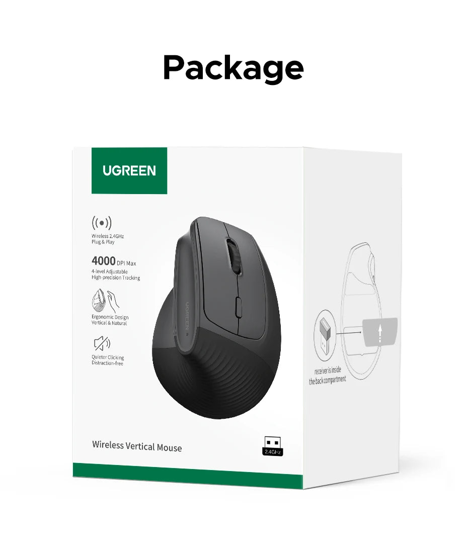 UGREEN Bluetooth 2.4G Vertical Wireless Mouse  Ergonomic 4000DPI 6 Mute Buttons for MacBook Tablet Laptops