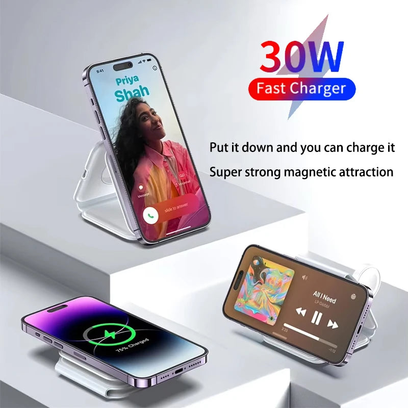 MagFold 3-in-1 Magnetic Wireless Charger – Qi2 30W Foldable Dock for iPhone, Watch & AirPods
