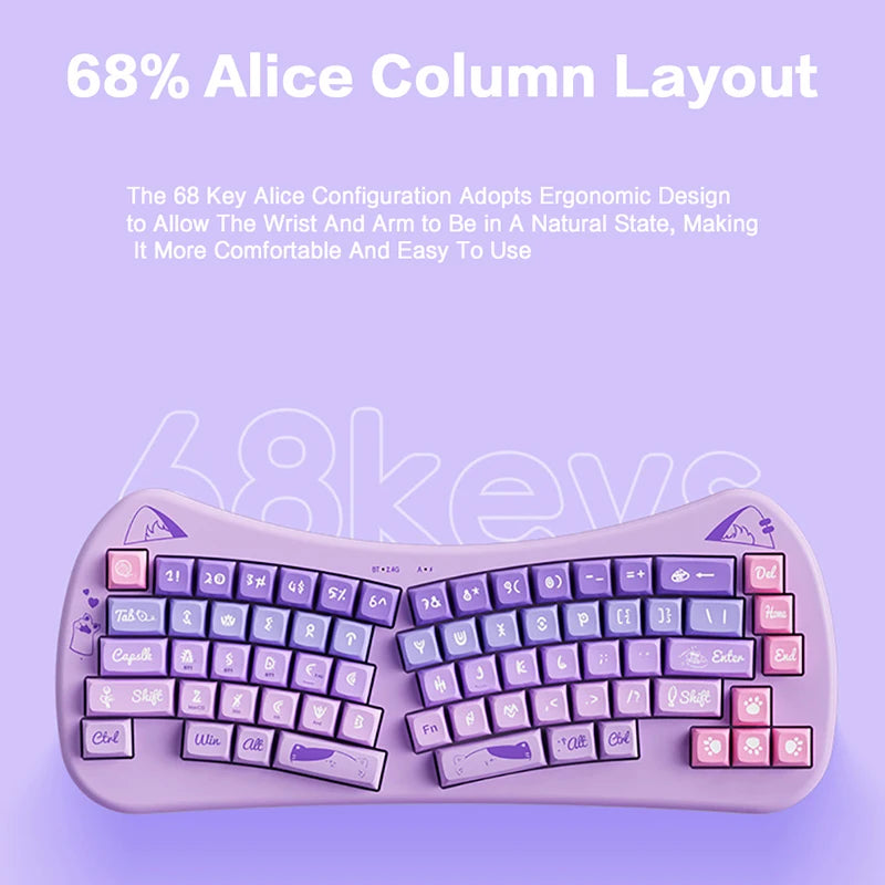 PurrBoard 68 – Ergonomic Split Wireless Keyboard | Bluetooth + 2.4G + Cat Keycaps