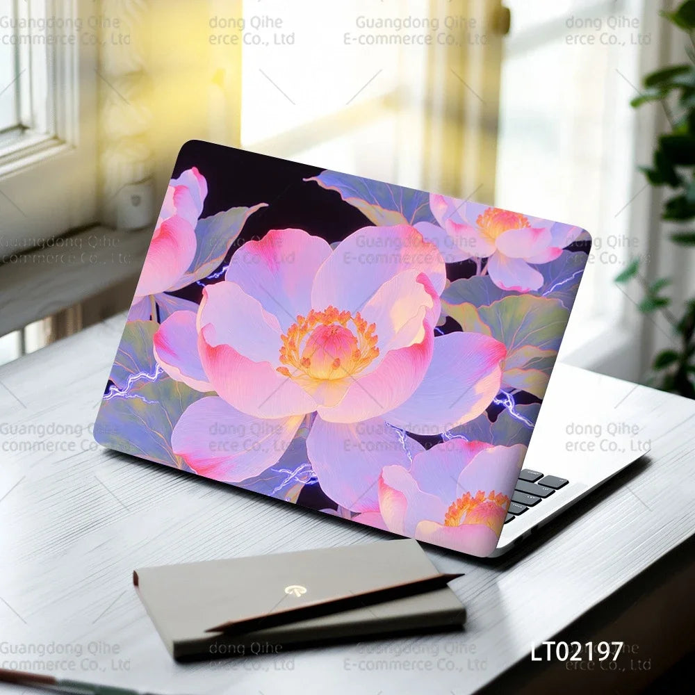 2pcs Creative Botanical Laptop Stickers Hand-Drawn Floral Line Art in Bright Colors, Waterproof Vinyl Decal for Notebook Covers