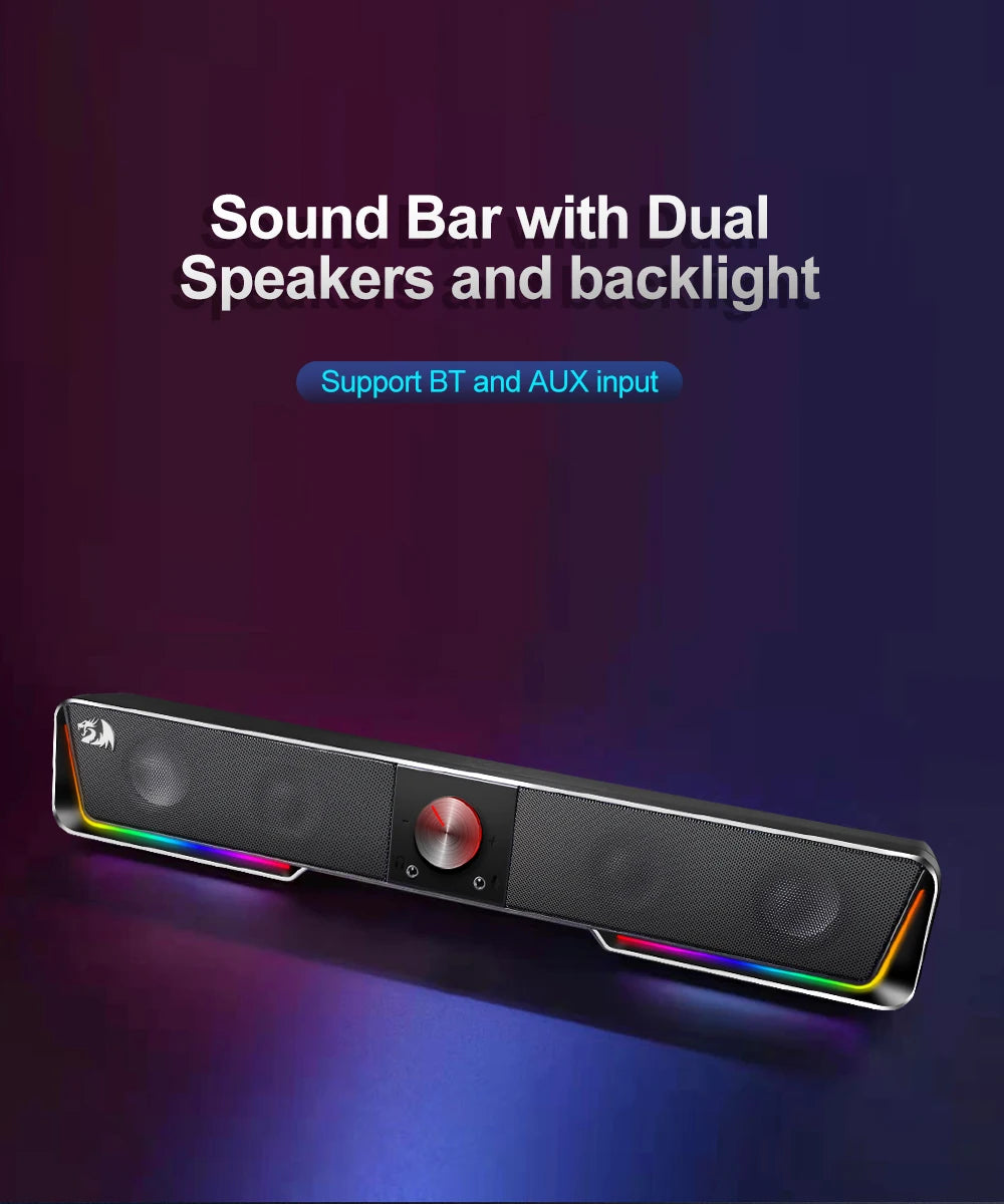 Redragon GS570 Darknets RGB Bluetooth Sound Bar – 2.0 Stereo PC Speakers with 3.5mm AUX, USB Powered, Dynamic RGB Lighting, Compact Desktop Soundbar for Gaming, Movies & Music