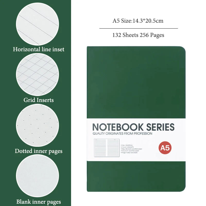 A5/B5 Thickened Notebook,4 Types Inner Pages,132 Sheets/Book,PU Waterproof Cover Diary Agenda Office Student Diary