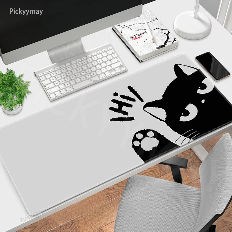 Midnight Cat XXL Gaming Desk Mat – Cute Black Cat Grey Mouse Pad for Office & Setup