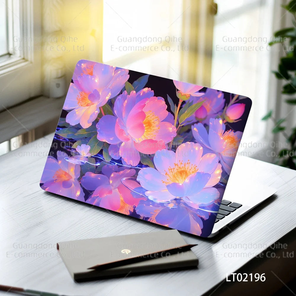 2pcs Creative Botanical Laptop Stickers Hand-Drawn Floral Line Art in Bright Colors, Waterproof Vinyl Decal for Notebook Covers