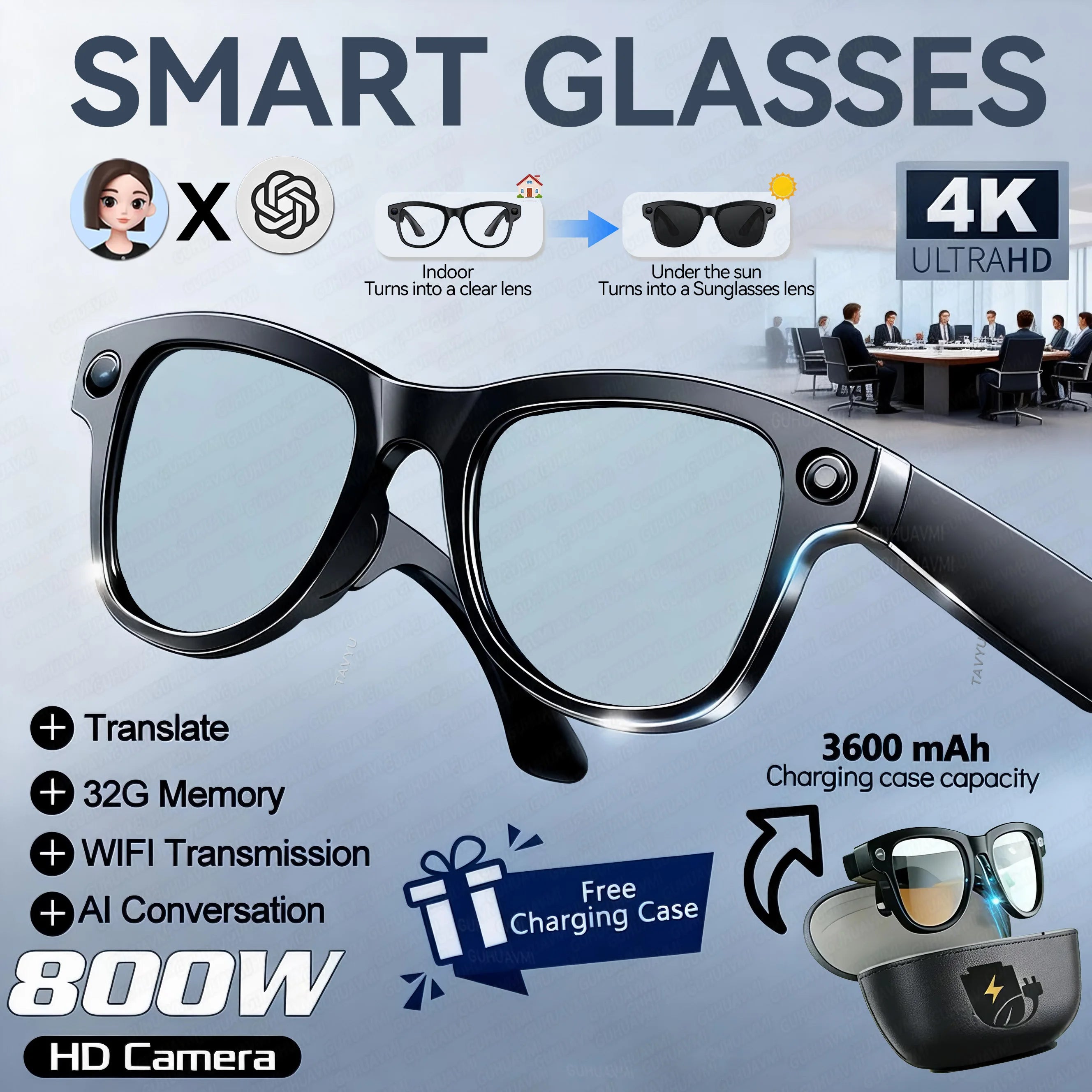 VisionAI 4K Smart Glasses – 32GB, 800W Camera, AI Translation & Power Bank