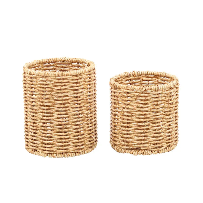 Stationery Storage Tube Circular Desktop Creative Pen Container Handmade Rattan Multi-purpose Pen Holder