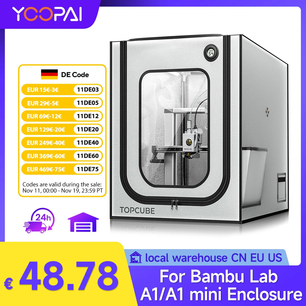YOOPAI 3D Printer Enclosure for Bambu Lab A1 / A1 Mini – LED, Constant Temp & Fireproof