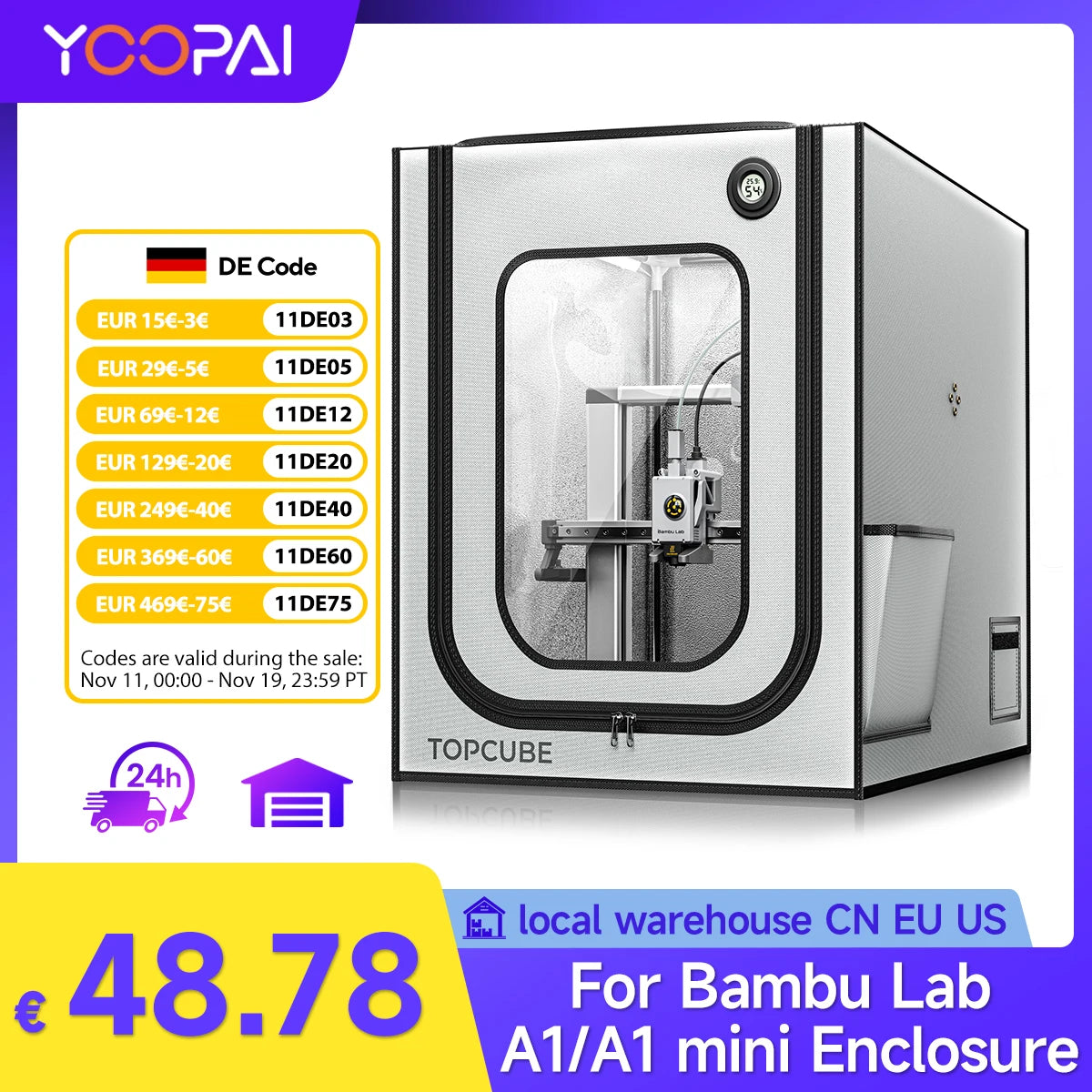 YOOPAI 3D Printer Enclosure for Bambu Lab A1 / A1 Mini – LED, Constant Temp & Fireproof