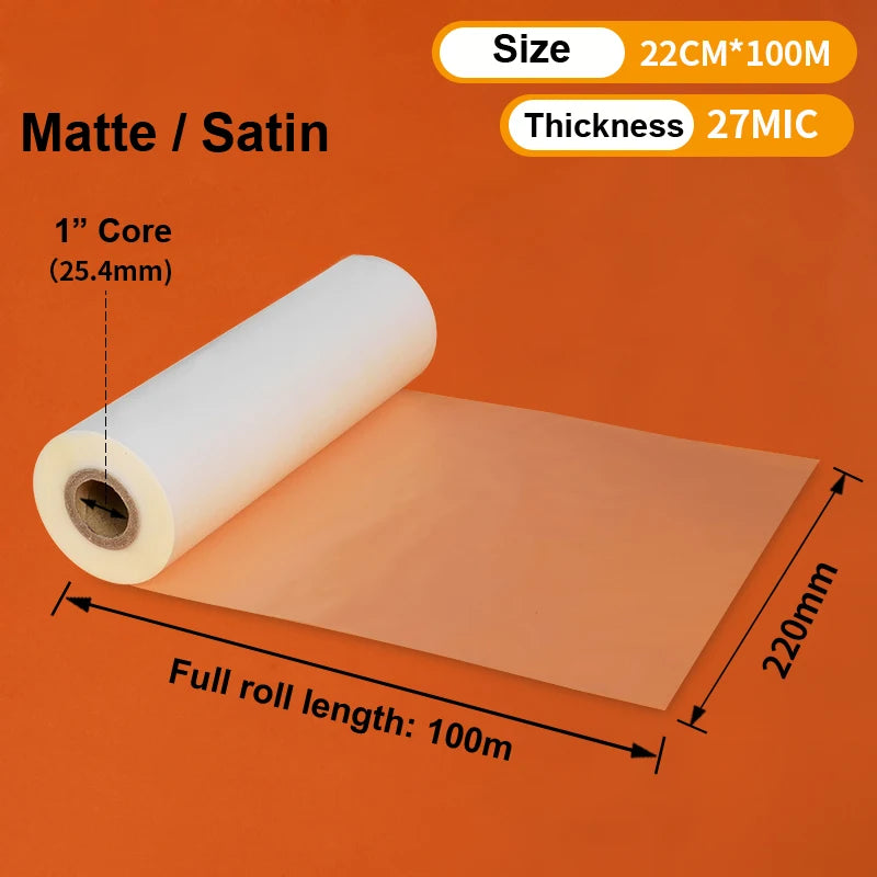 220mm x 100M Satin Matte / Gloss Hot Laminating Film Roll (25–28 Mic) – BOPP Professional Lamination Film, 1” Core for Hot Roll Laminators