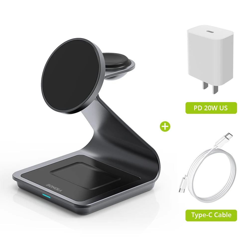 Bonola 3-in-1 Magnetic Wireless Charging Station – iPhone 17/16/15/14, Apple Watch & AirPods Pro