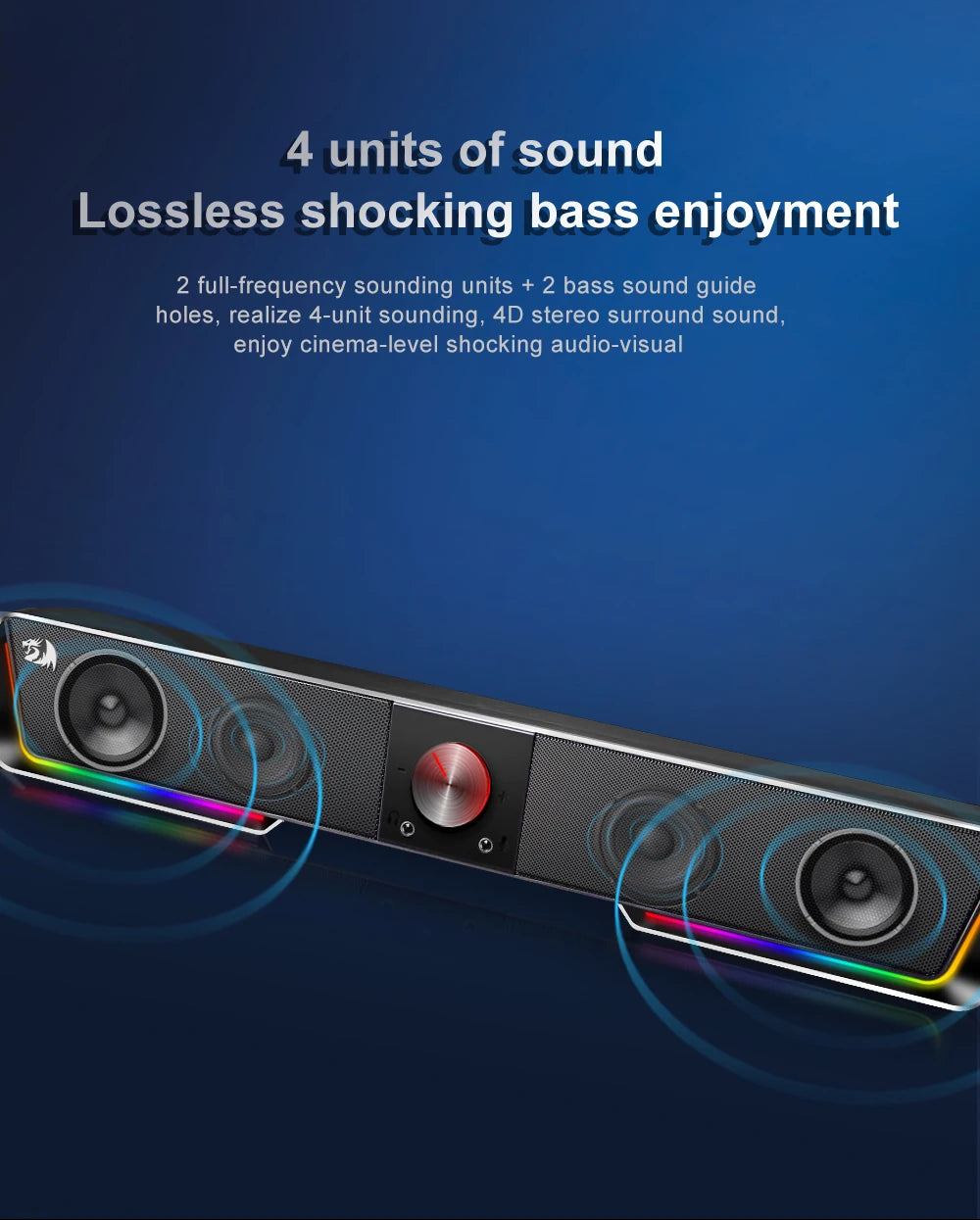 Redragon GS570 Darknets RGB Bluetooth Sound Bar – 2.0 Stereo PC Speakers with 3.5mm AUX, USB Powered, Dynamic RGB Lighting, Compact Desktop Soundbar for Gaming, Movies & Music