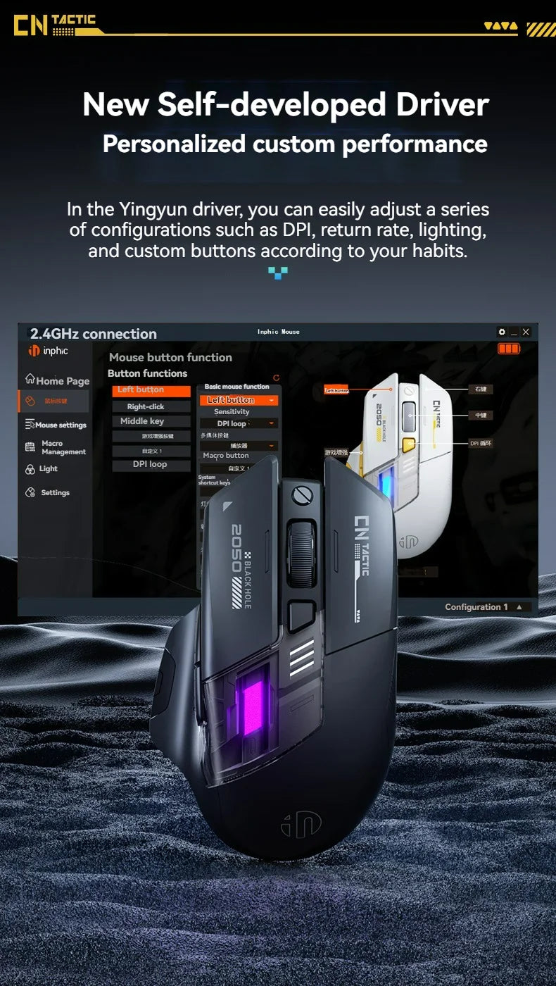 Inphic A9 Pro Tri-Mode Gaming Mouse – 12800 DPI, RGB Light Pillar & Macro Driver