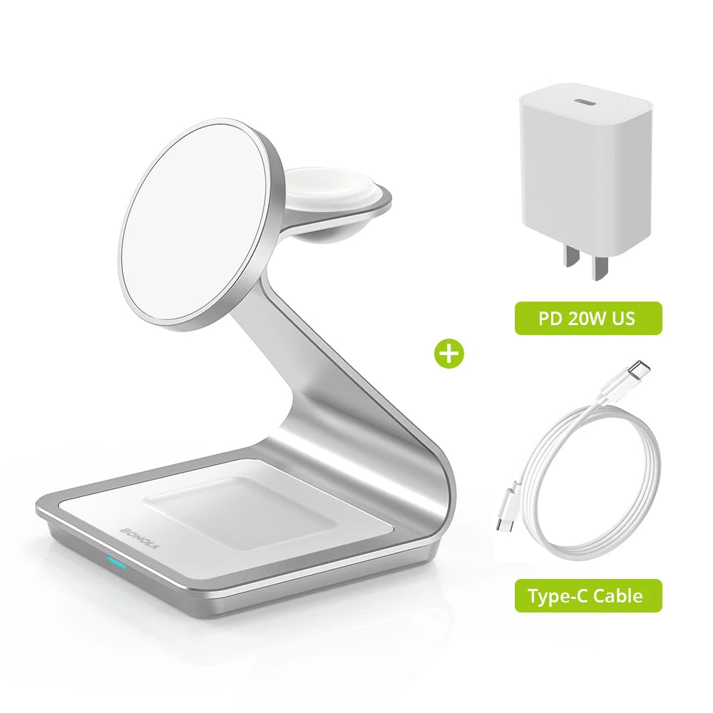 Bonola 3-in-1 Magnetic Wireless Charging Station – iPhone 17/16/15/14, Apple Watch & AirPods Pro