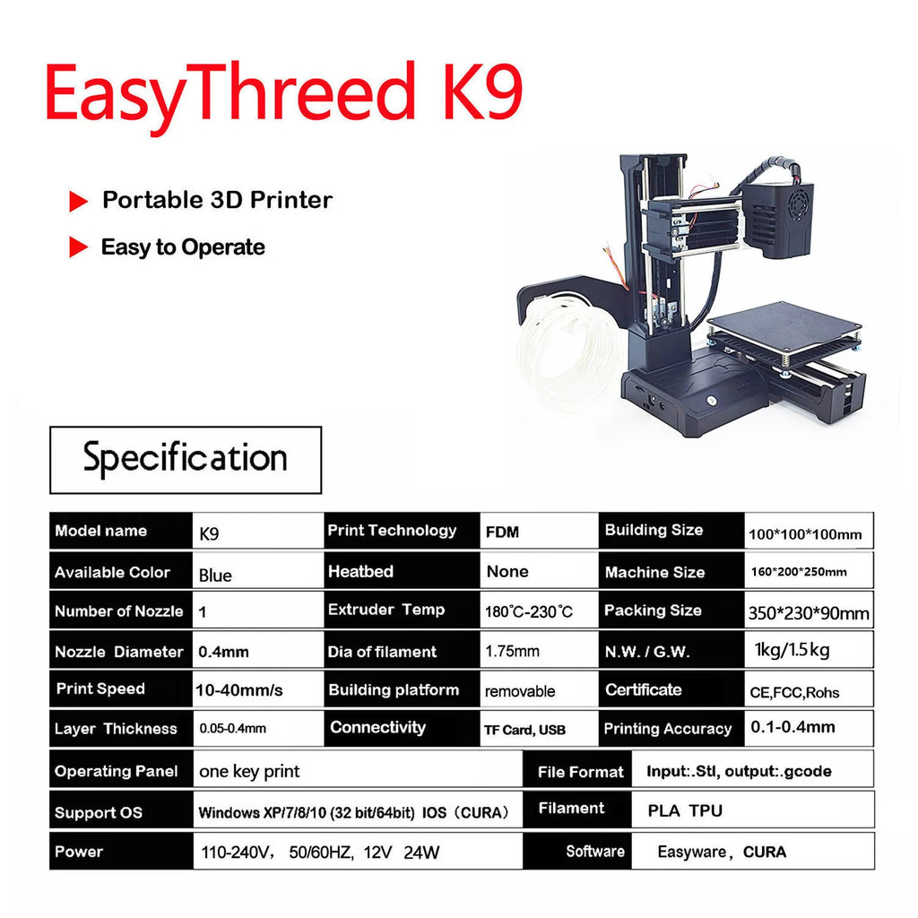 EasyThreed K9 Mini 3D Printer – Entry Level FDM, PLA & TPU Filament, 1.75mm
