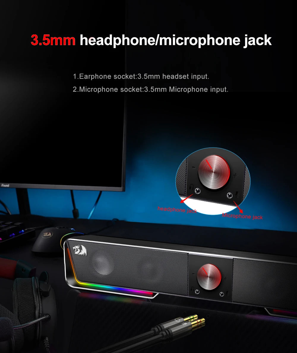 Redragon GS570 Darknets RGB Bluetooth Sound Bar – 2.0 Stereo PC Speakers with 3.5mm AUX, USB Powered, Dynamic RGB Lighting, Compact Desktop Soundbar for Gaming, Movies & Music