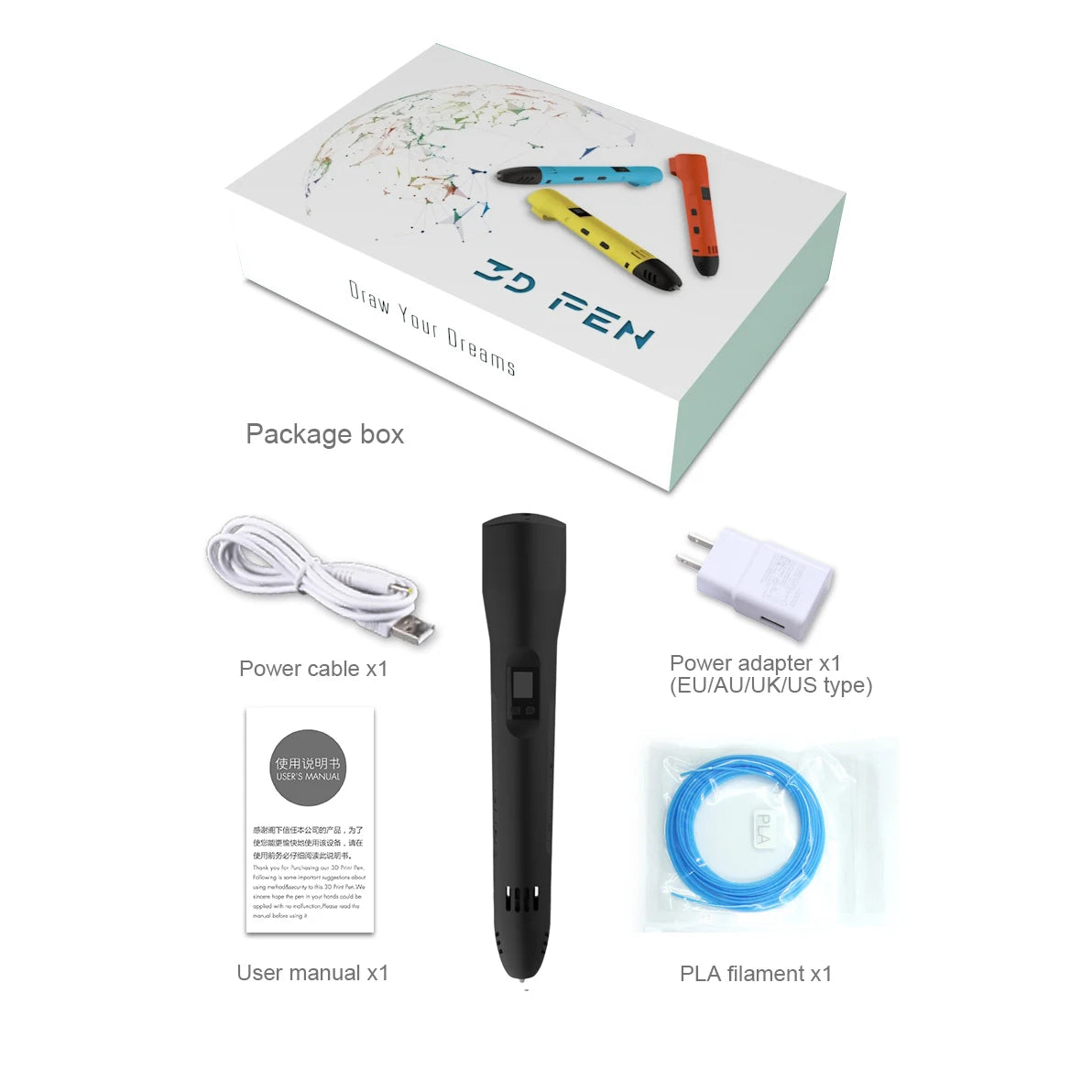 QCREATE 3D Printing Pen – LCD Display, 8 Speeds, PLA & ABS, 60-245°C