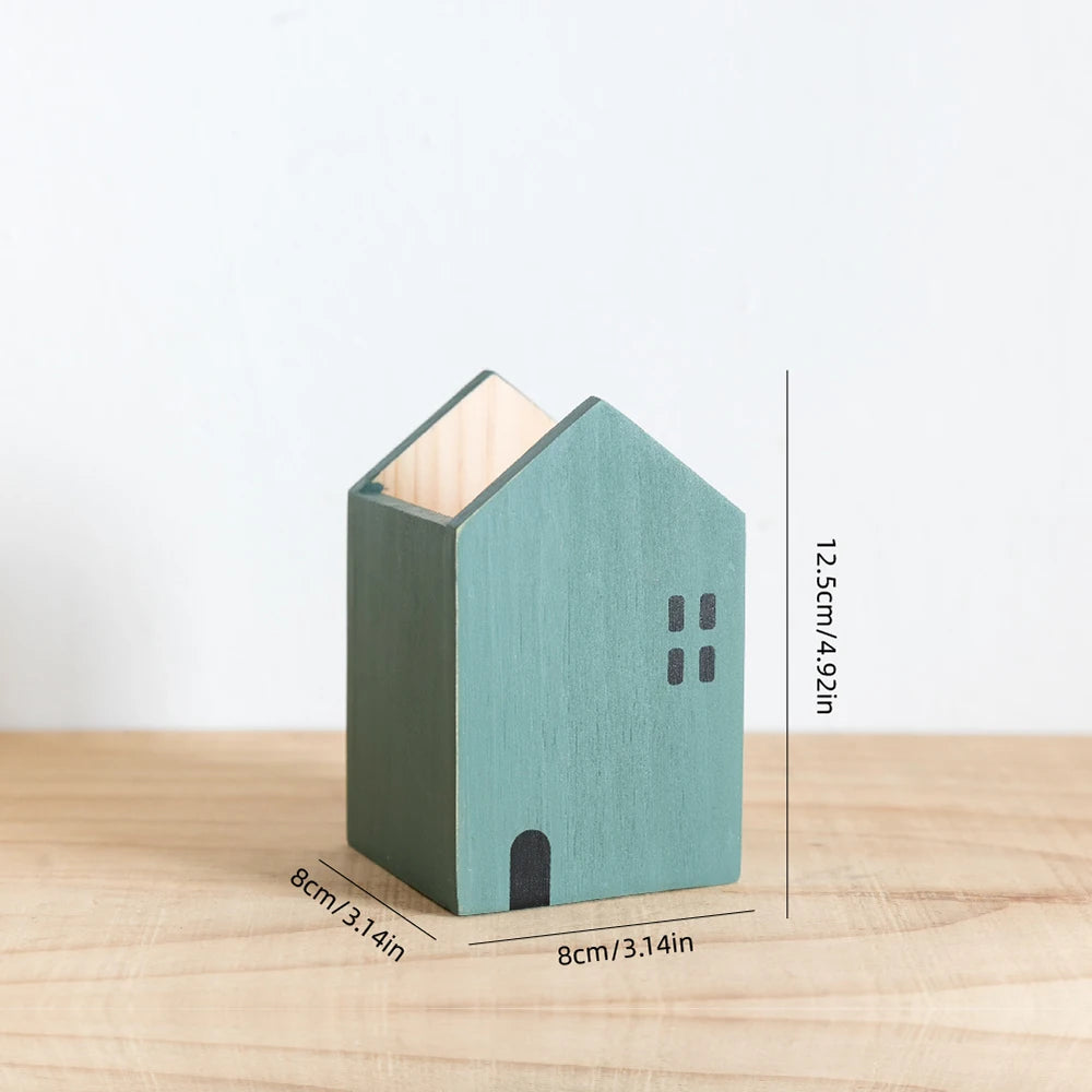 Cartoon House Wooden Pen Holder Pencil container Makeup Brush Stationery storage box Student/ Office Desktop Storage Organiser