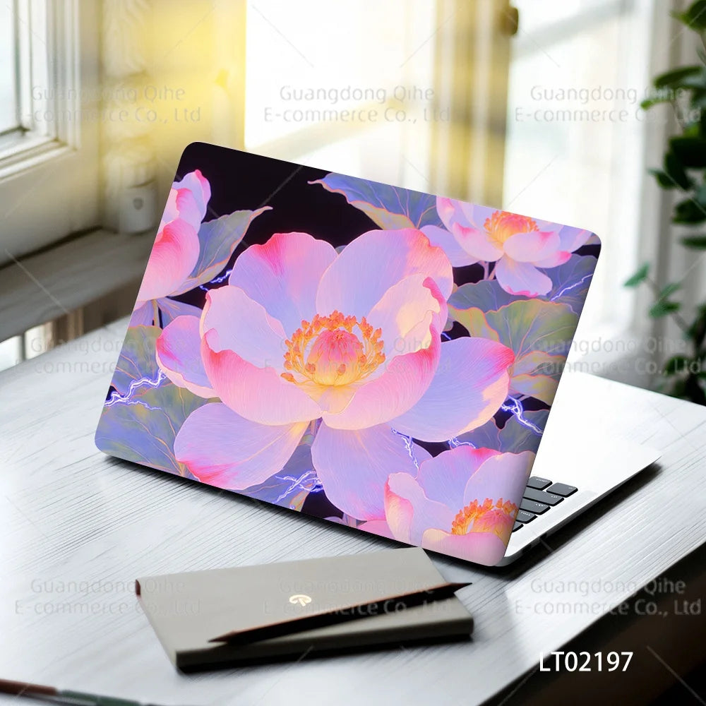2pcs Creative Botanical Laptop Stickers Hand-Drawn Floral Line Art in Bright Colors, Waterproof Vinyl Decal for Notebook Covers