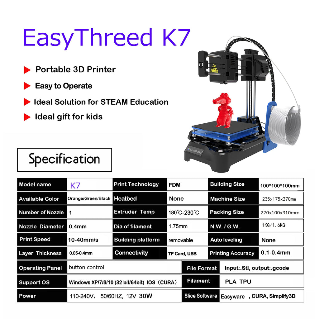 EasyThreed K7 Mini 3D Printer – Entry Level FDM Toy Gift, PLA & TPU 1.75mm