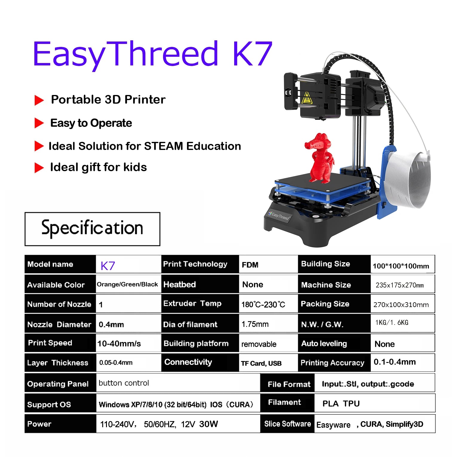 EasyThreed K7 Mini 3D Printer – Entry Level FDM Toy Gift, PLA & TPU 1.75mm