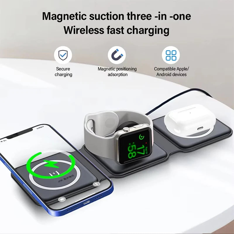 MagFold 3-in-1 Magnetic Wireless Charger – Qi2 30W Foldable Dock for iPhone, Watch & AirPods