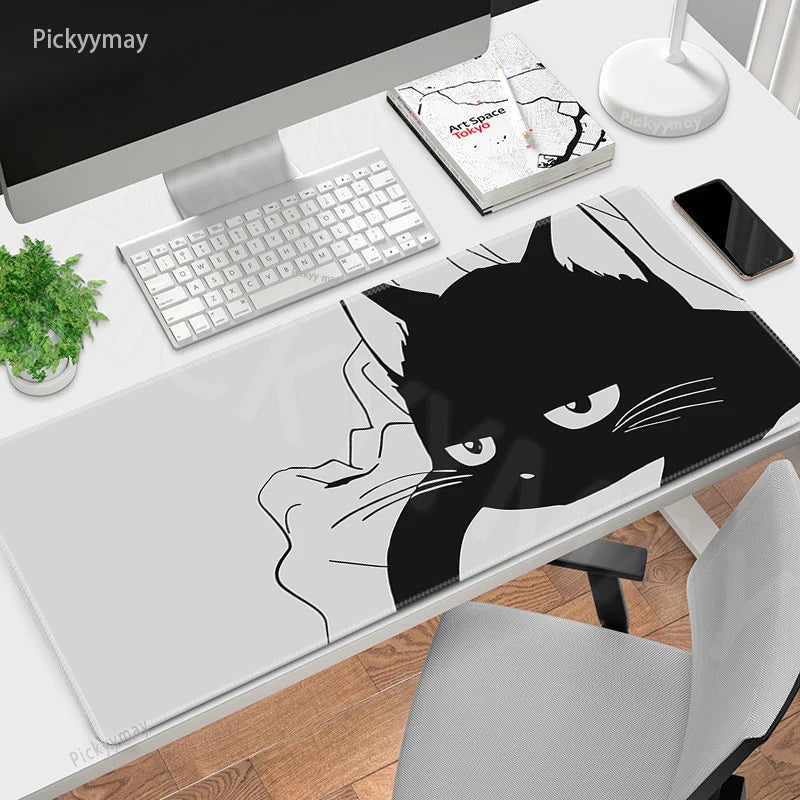 Midnight Cat XXL Gaming Desk Mat – Cute Black Cat Grey Mouse Pad for Office & Setup