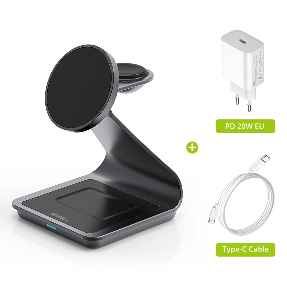 Bonola 3-in-1 Magnetic Wireless Charging Station – iPhone 17/16/15/14, Apple Watch & AirPods Pro