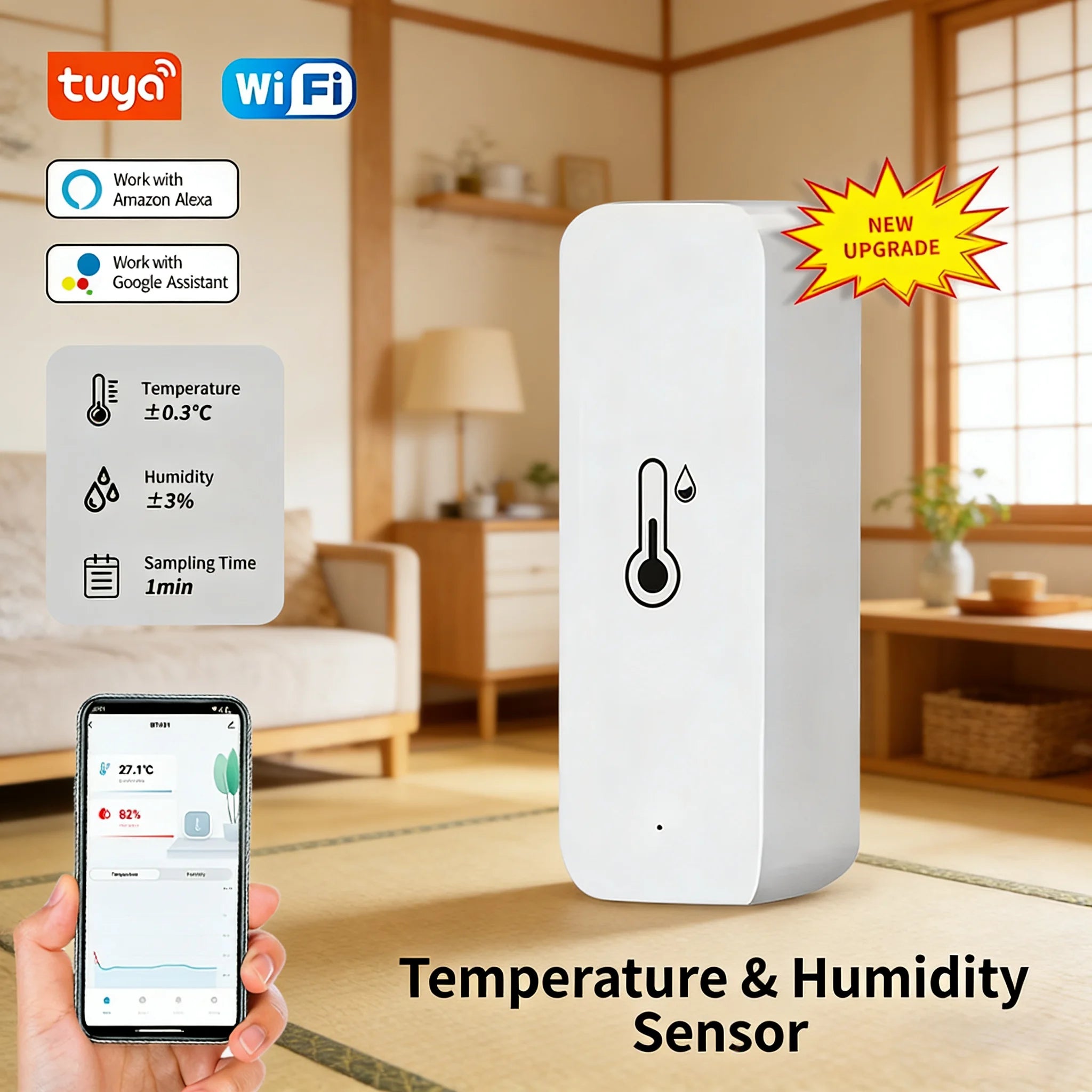 Tuya WiFi Temperature & Humidity Sensor – Indoor Smart Hygrometer Thermometer